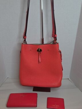 Kate Spade Set Coral Pebbled Leather Bucket Crossbody+ Wallet+ Card Holder